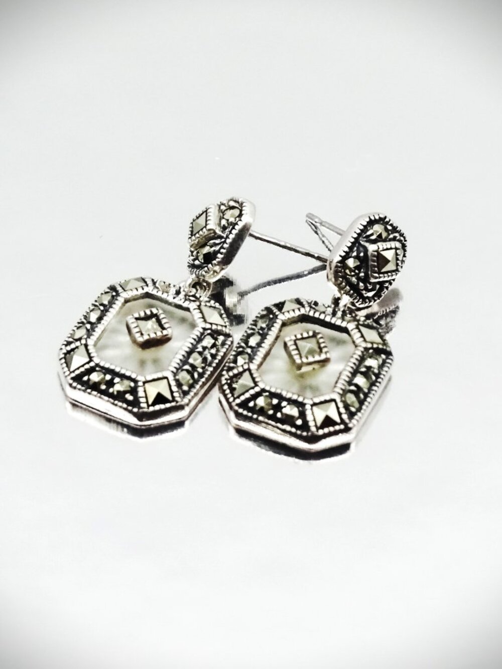 JUDITH JACK Sterling Silver Camphor Glass & Marcasite Drop Earrings